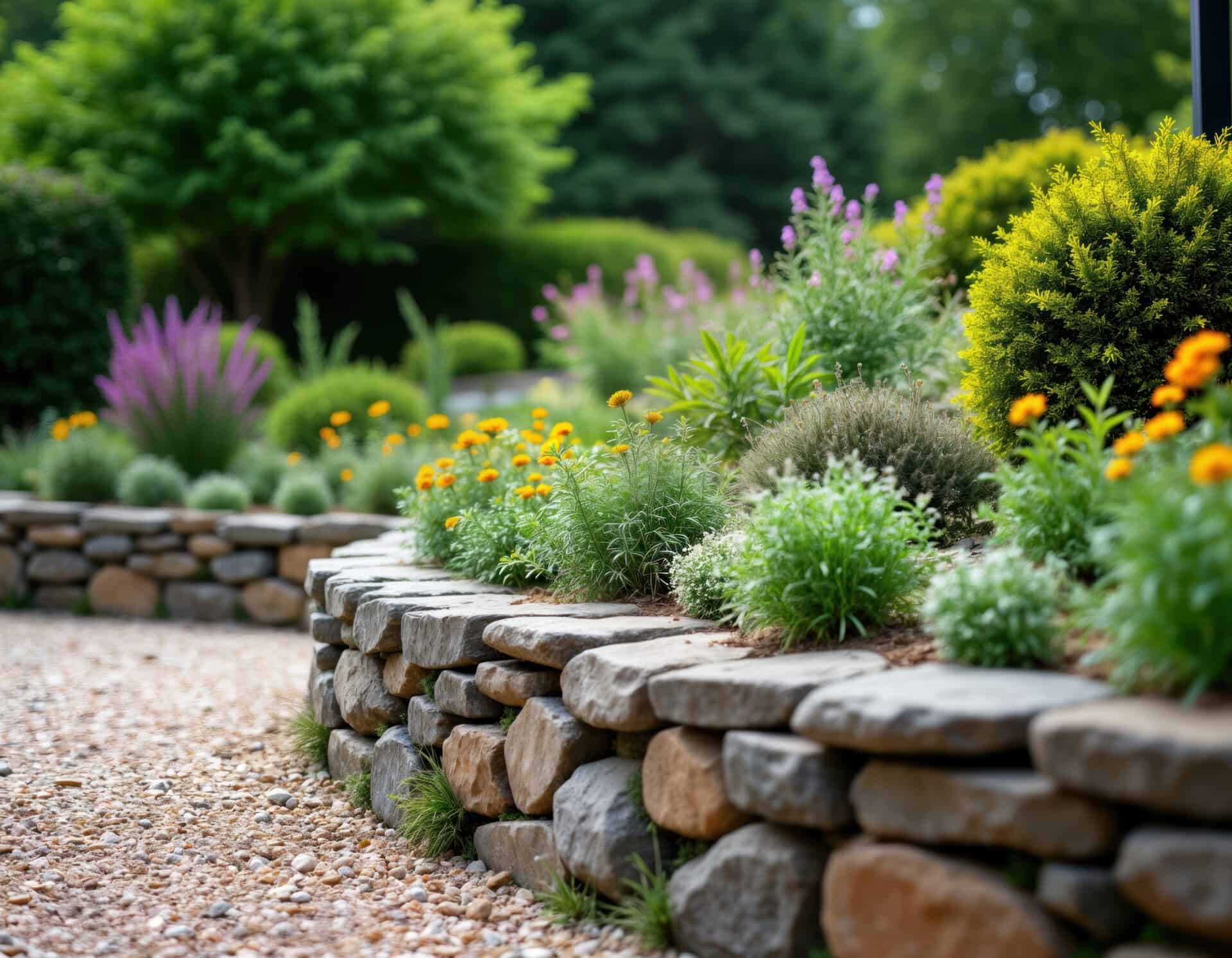 Landscaped garden with curved stone retaining wall. Planting perennials, rock gardens. Gravel path. Natural look. Beige, grey tones. Good for country style homes landscaping projects. Tranquil space